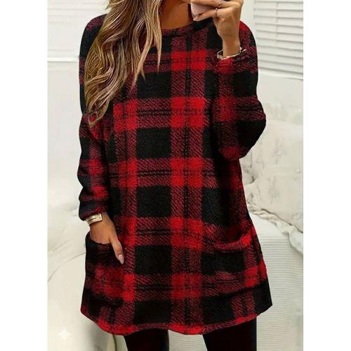 Kadın Uzun Kollu Yarı Balıkçı Yakalı Cep Detaylı Ekoseli Dokuma Tunik