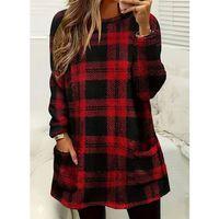 Kadın Uzun Kollu Yarı Balıkçı Yakalı Cep Detaylı Ekoseli Dokuma Tunik