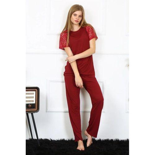 Kadın Kolu Dantelli Penye Pijama Takım Bordo