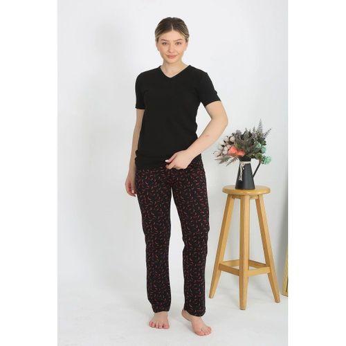 Kadın Kısa Kol Pamuk Penye Pijama Takım Siyah