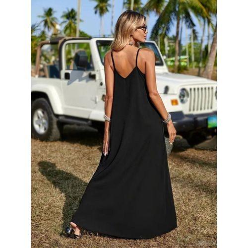 Kadın Askılı V Yakalı Etnik şerit Detaylı Uzun Viskon Elbise