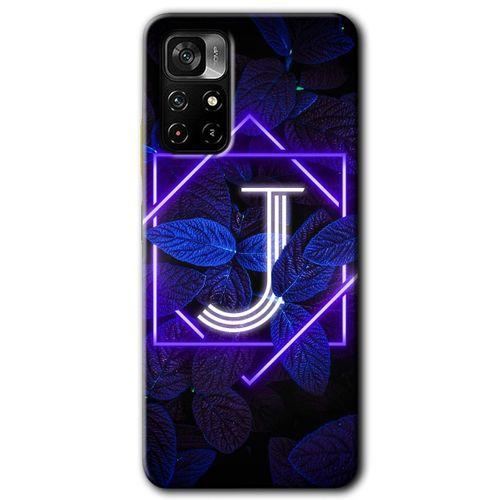 Xiaomi Poco M4 Pro 5G HD Baskılı Kılıf + 9D Tam Ekran Koruyucu - Dark Neon Yaprak J Harfi