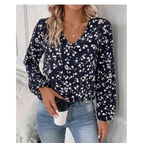 Kadın Uzun Kollu V Yakalı çiçek Desenli Modal Bluz