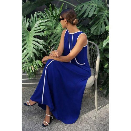 Kadın Omuzlardan Açık Yaka Ince şerit Detaylı Uzun Viskon Elbise