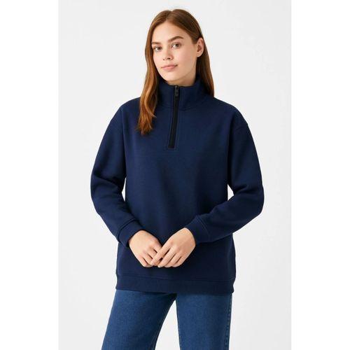Üç İplik Dık Yaka Yarım Fermuarlı SweatShirt - Lacivert
