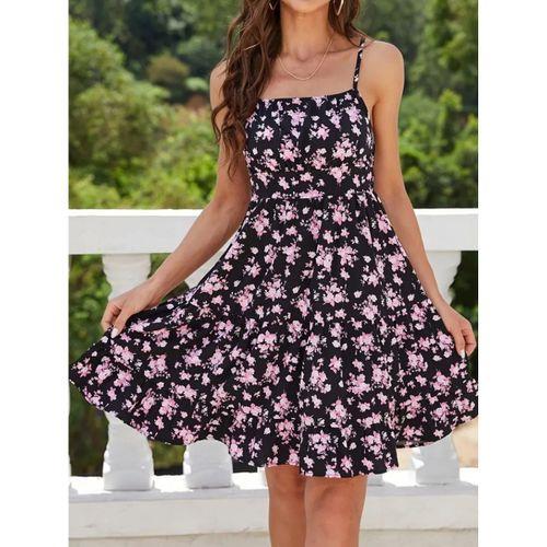 Kadın Askılı çiçek Desenli Süprem Mini Elbise