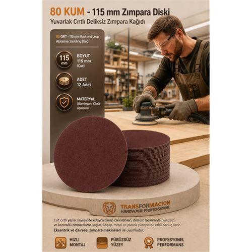 12 ADET 80 KUM Yuvarlak Cırtlı Zımpara Diski 115 mm Deliksiz Zımpara Kağıdı 723216