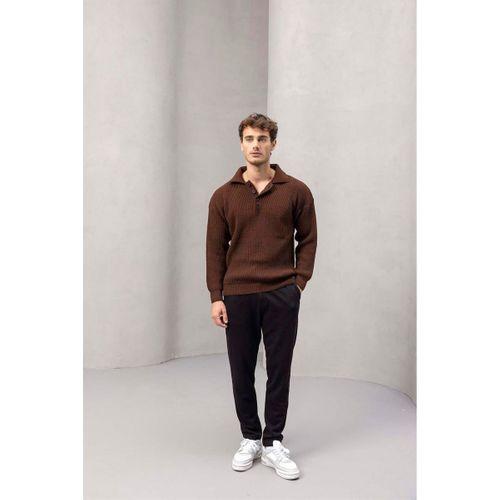 4 Düğmeli Yarım Pat Polo Yaka Kazak Kahve - Bezayağı Kumaş Pantolon Siyah