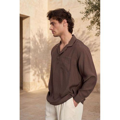 Sartre Apaş Yaka Tek Cepli İnce Modal Kumaş Oversize Uzun Kollu Yazlık Gömlek - Kahve