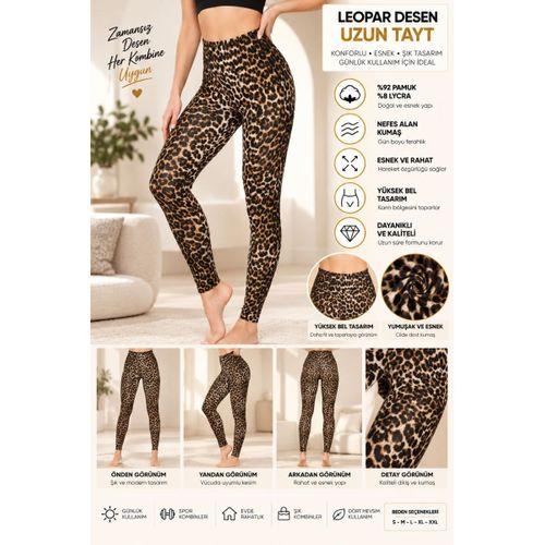 Kadın Leopar Desenli Yüksek Bel Uzun Tayt – %92 Pamuk %8 Lycra, Esnek Kumaş - ryl - 3005