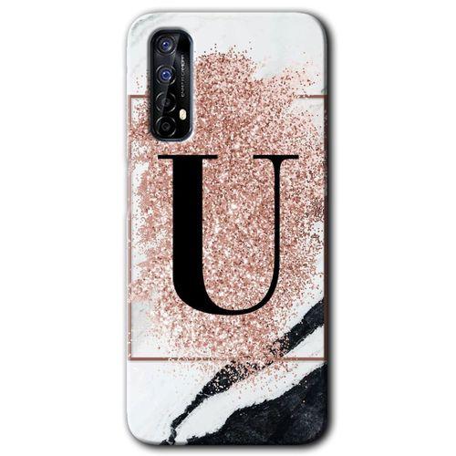 Realme 7 Kılıf HD Desen Baskılı Arka Kapak + Temperli Cam - Pembe Mermer Desenli U Harfi