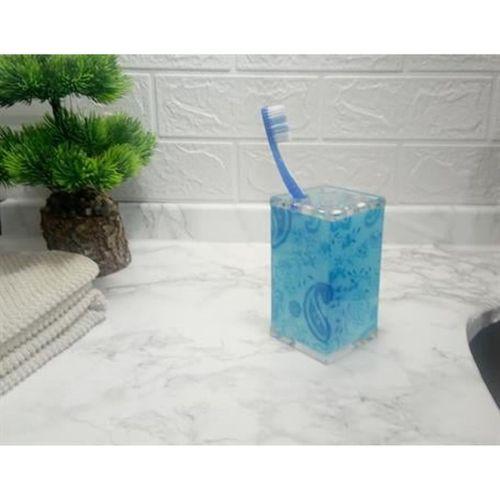 2 Adet Diş Fırçalık Mavi Çiçekli Akrilik 6X6X12Cm Banyo Seti