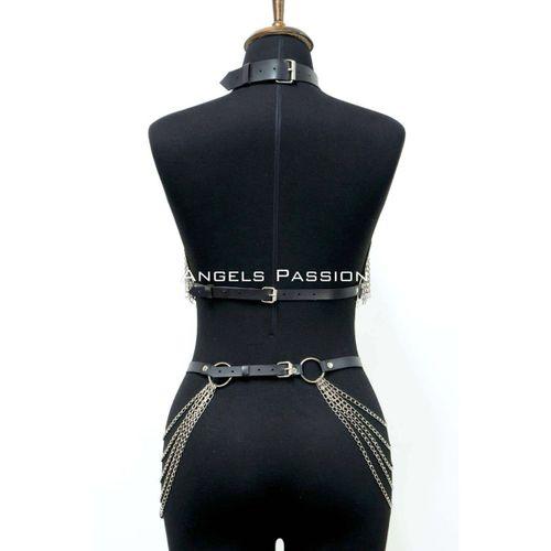 Deri ve Zincir Detaylı Harness Takım, Deri Dansçı Kostüm, Choker Detaylı Deri Harness