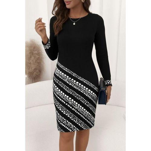 Kadın Uzun Kollu Bisiklet Yaka Desenli Dalgıç Elbise