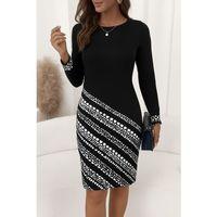 Kadın Uzun Kollu Bisiklet Yaka Desenli Dalgıç Elbise