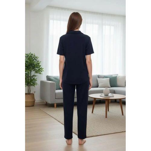 Özel Tasarım Kadın Lacivert Polo Yaka Pijama Takımı %100 Pamuk