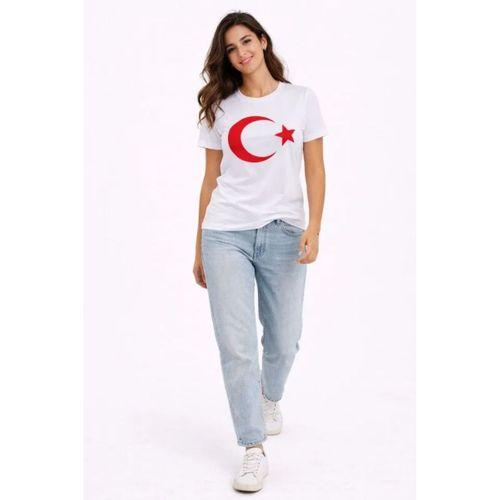 T-Shirt Kısa Kol Bisiklet Yaka Ay Yıldız Bayrak Baskılı Tişört - Beyaz