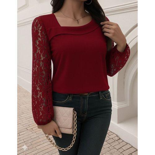 Kadın Uzun Kollu Asimetrik Yakalı Dantelli Ithal Krep Bluz