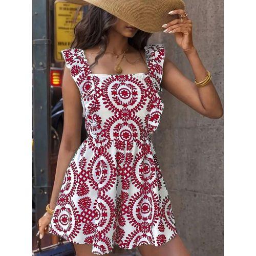 Kadın Askılı Kare Yakalı Arkadan Bağcıklı Desenli Keten Tulum