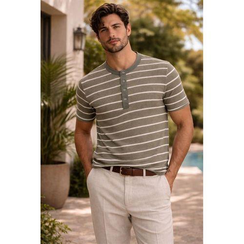 Kristof Pike Kumaş Regular Fit Düğmeli Yaka Kendinden Çizgili T-Shirt - Yeşil