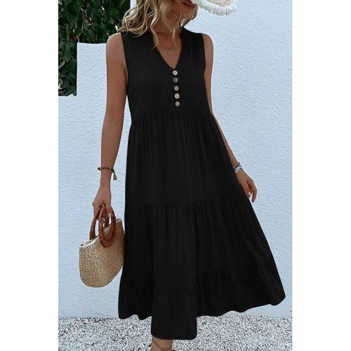 Kadın Askılı V Yakalı önden Düğmeli Midi Viskon Elbise