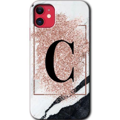Potkal Hediye Fabrikası iPhone 11 HD Baskılı Kılıf + 9D Tam Ekran Koruyucu - Pembe Mermer Desenli C Harfi