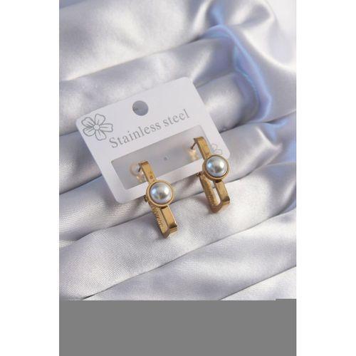 316L Çelik Gold Renk İnci Taşlı Dikdörtgen Model Küpe - TJ-BKP9060