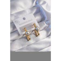 316L Çelik Gold Renk İnci Taşlı Dikdörtgen Model Küpe - TJ-BKP9060