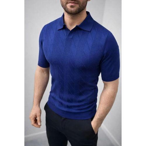 Erkek Yazlık Triko Dokuma Tişört Kısa Kol Polo Yaka T-Shirt - Lacivert