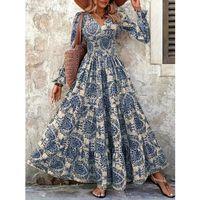 Kadın Uzun Kollu V Yakalı Desenli Süprem Elbise