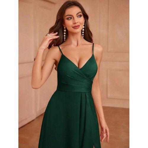 Kadın Ip Askılı Kruvaze Yakalı Yırtmaçlı Uzun Ithal Krep Elbise