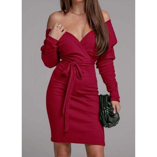 Kadın Uzun Kollu Kruvaze Yaka Bağcık Detay Akrilik Mini Boy Elbise