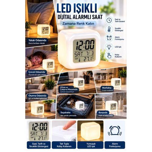 Dekoratif Küp Saat Led Işıklı Dijital Saat Alarm Ve Sıcaklık Özellikli