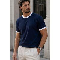 Capra Yaka Kol Biyeli Basic Pamuk Likralı İki İplik Erkek T-Shirt - Lacivert