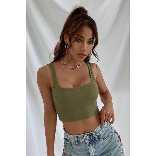 Kadın Haki Yeşili Kalın Askılı Crop Top Büstiyer Esnek Kumaş Şık Basic Kadın Üst Giyim