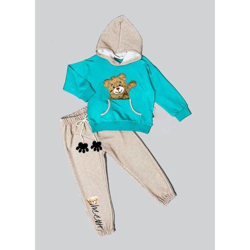2-3-4 Yaş Pelüş Ayı Desenli Kapşonlu Uzun Kollu Penye Sweat 2li Erkek Çocuk Takımı Mint Yeşili