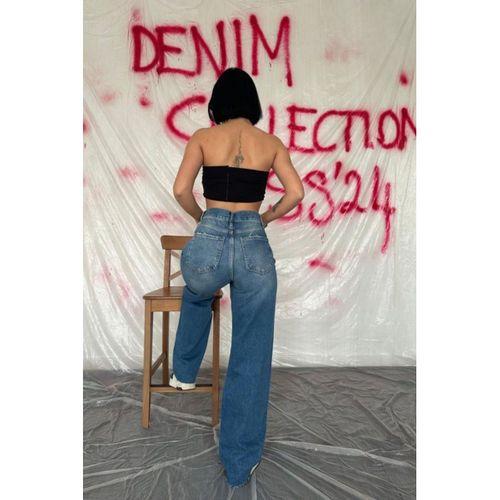 Mavi Yüksek Bel Ve Geniş Paça Jeans Pantolon