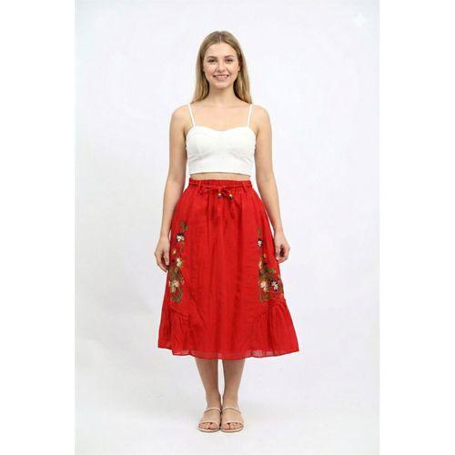 Canan Vual Bağlama ve Lastik Detay Midi Boy Yazlık Otantik Etek Mercan Mrcn