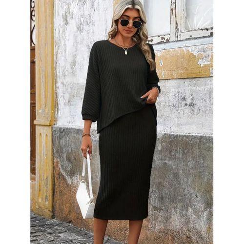 Kadın Uzun Kollu Yuvarlak Yakalı şardonlu Kaşkorse Bluz Ve Etek Ikili Takım