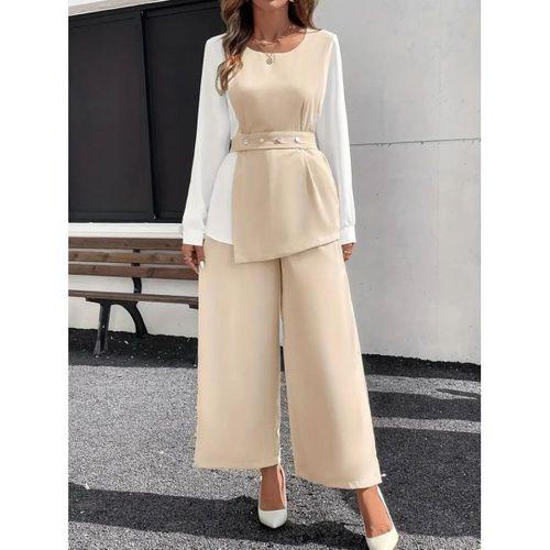 Kadın Uzun Kollu Açık Yakalı çift Renkli Kemerli Ithal Krep Ikili Takım
