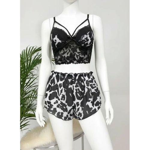Kadın Siyah Leopar Desenli Dantel Detaylı Şortlu Gecelik Pijama Takımı Şık 2’li Set