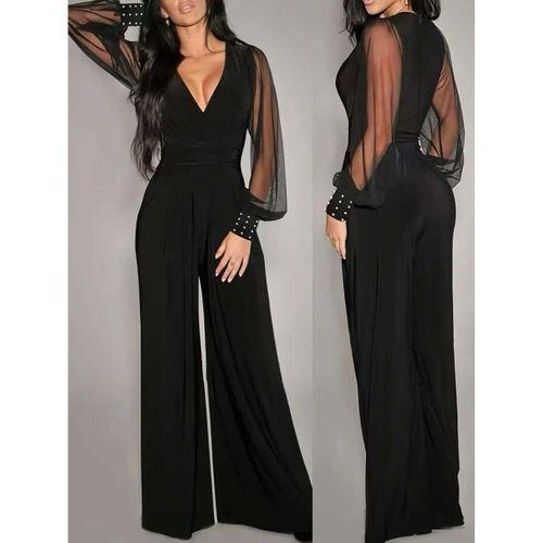 Kadın Uzun Kollu Kruvaze Yakalı Kolları Tüllü Viskon Tulum