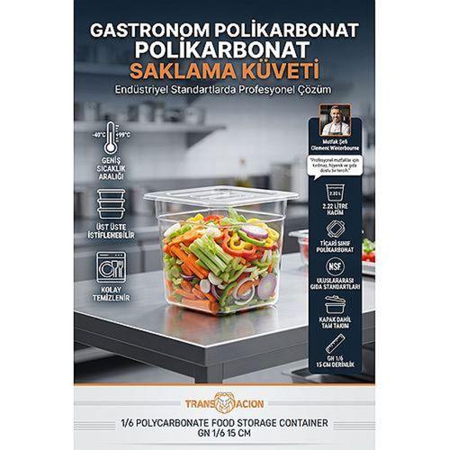 1/6 Gastronorm Polikarbonat Saklama Küveti ve Kapağı 2.22 L Şeffaf Endüstriyel Gıda Saklama Kabı GN 1/6 15 cm Depolama Kutusu 723543