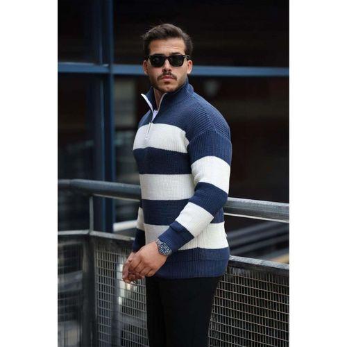 Oversize Çizgili Selanik Örgülü Yarım Fermuar Triko Erkek Kazak - İndigo