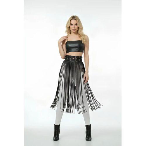 Siyah Etek Deri Yüksek Bel Etek Çift Tokalı Uzun - Brf1090