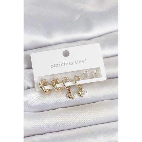 316L Çelik Gold Renk Kalp Detaylı Kadın Küpe Seti