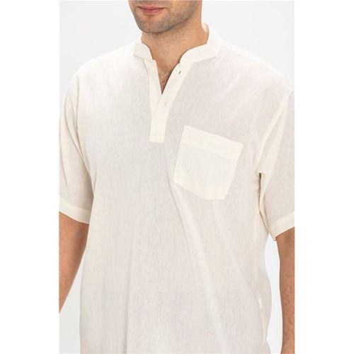 Büyük Beden Şile Bezi Kısa Kol Tek Cepli Hakim Yaka Erkek Yazlık Tshirt Krem 3002