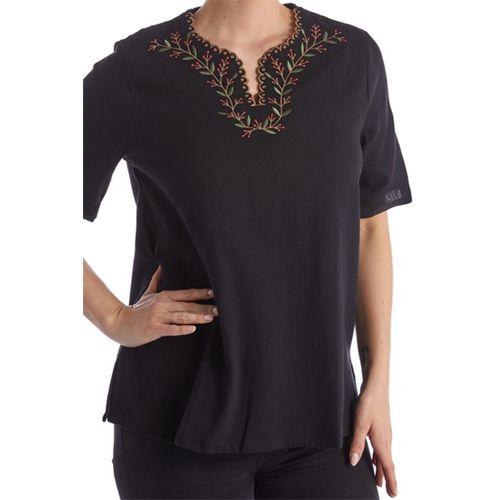 Şile Bezi Kısa Kol Siyah Nakışlı V Yaka Yazlık Otantik Bluz