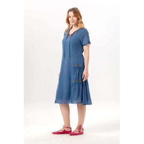 Kısa Kol Aynur Bisiklet Yaka Cepli Yazlık Vual Kısa Elbise İndigo indg