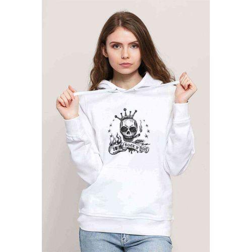 Rock'n Roll Baskılı Beyaz Kadın Kapşonlu Sweatshirt